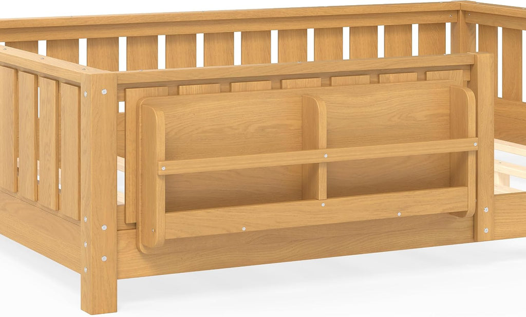 Bellemave Full Size Montessori Floor Bed with Slats and Fence, Full Size Montessori Bed with Rails and Bookcase, Easy Assemble Floor Beds Frame,Deep Natural