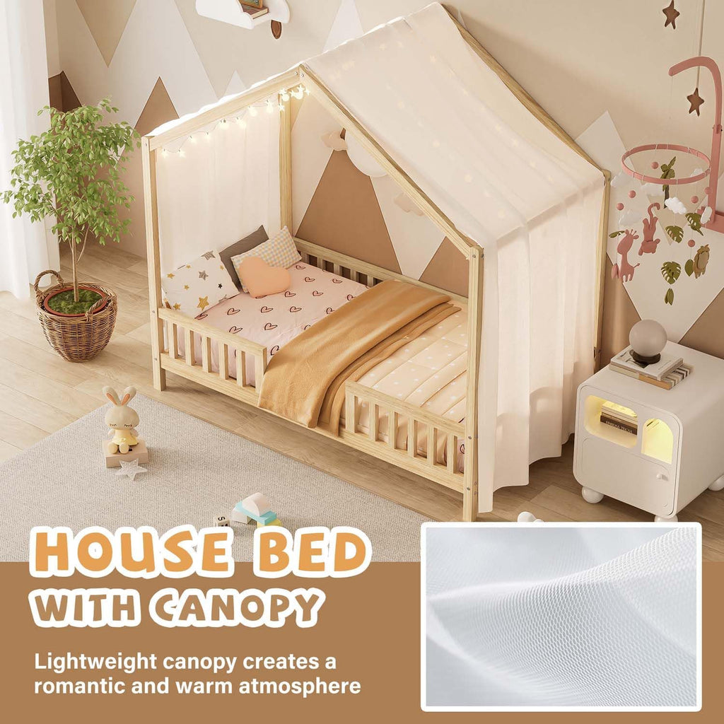 Cute Montessori Bed Frame Twin Size with Canopy, Low Profile House Shape Bed with Safety Railing & Wood Slat Support, Kids Playhouse Bedframes for Boys Girls (Natural, Twin)