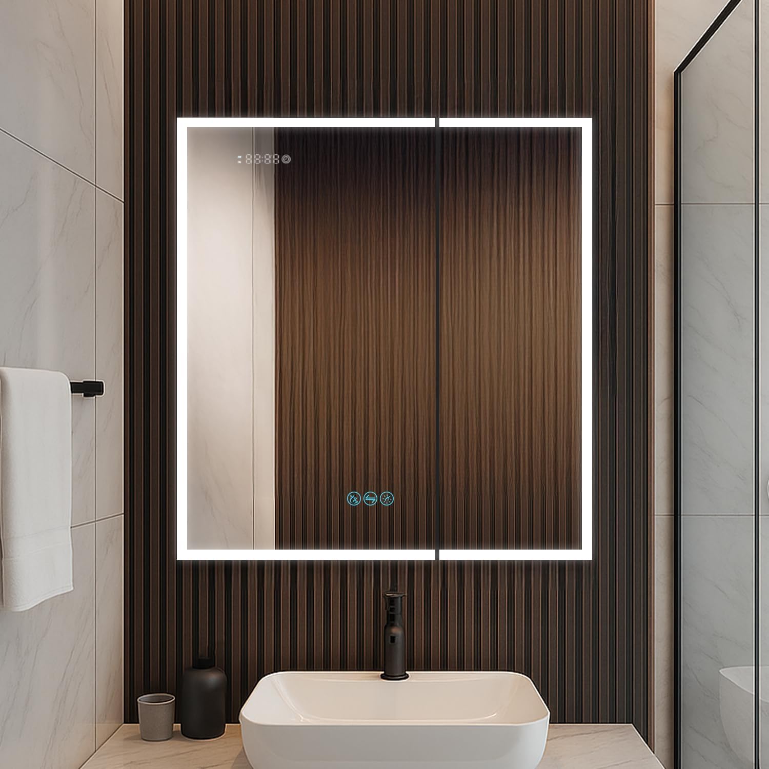 Blossom LED Lighted Mirror Medicine Cabinet, 30x32 Inch - Recessed or Surface Bathroom LED Medicine Cabinet with Mirror, Defogger, Adjustable Brightness - 3X Makeup Mirror, Outlets & USB Ports