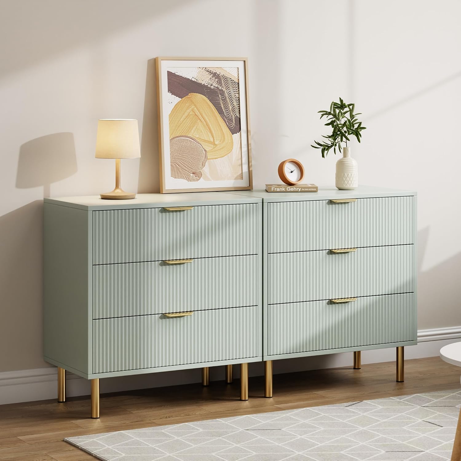 GarveeHome Green Dresser, Modern 3 Drawer Dresser for Bedroom with Gold Handle and Large Drawer, Wood Double Chest of Drawers and Storage Organizer for Living Room, Hallway, Entryway