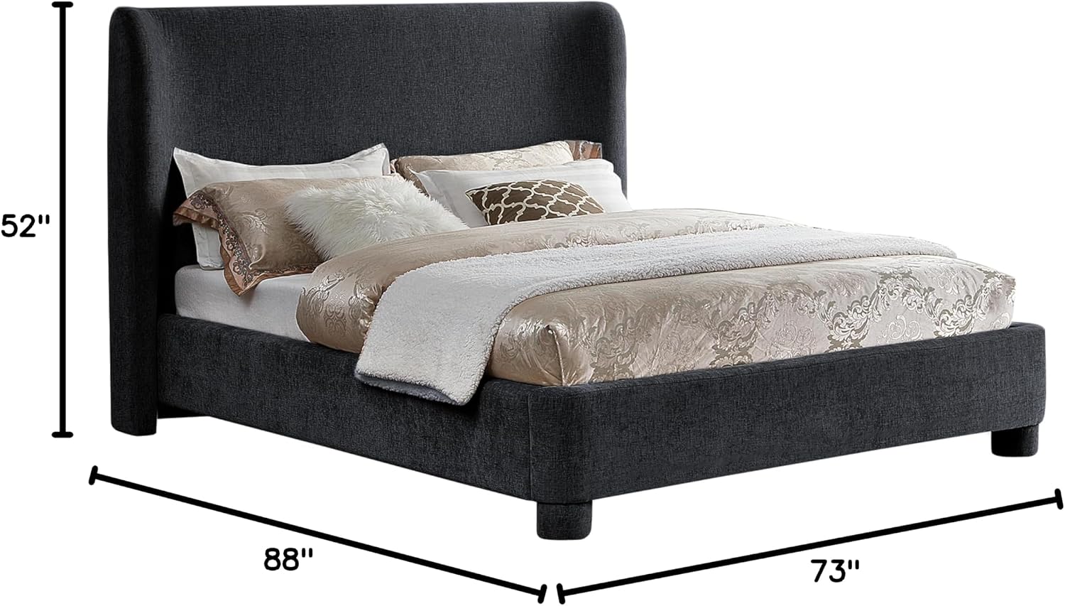 Meridian Furniture B1207Black-Q Penny Collection Modern | Contemporary Queen Bed with Rich Black Chenille Fabric, Curved Headboard, 73' W x 88' D x 52' H, Black, Queen