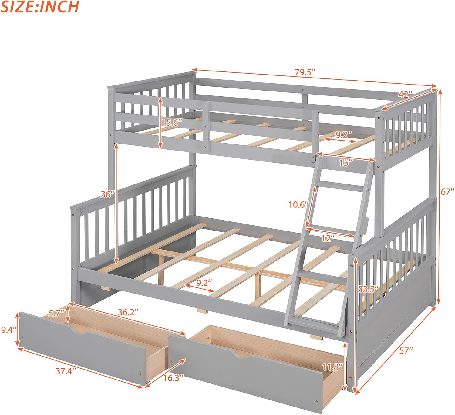 Twin Over Full Bunk Bed with Two Storage Drawers, Solid Wood Bunk Bed Frame Can be Converted Into 2 Separate Beds, Bedroom Furniture Bunk Bed with Ladders for Kids Teens Adults (Gray)