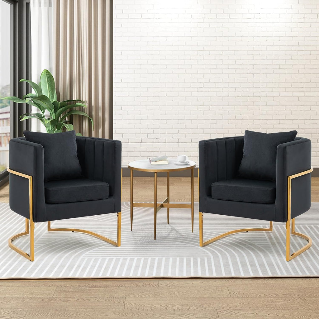 Velvet Modern Accent Chair, Upholstered Barrel Armchair Mid Century with Pillow for Living Room, Comfy Single Vanity Chair with Metal Gold Legs for Bedroom, Black