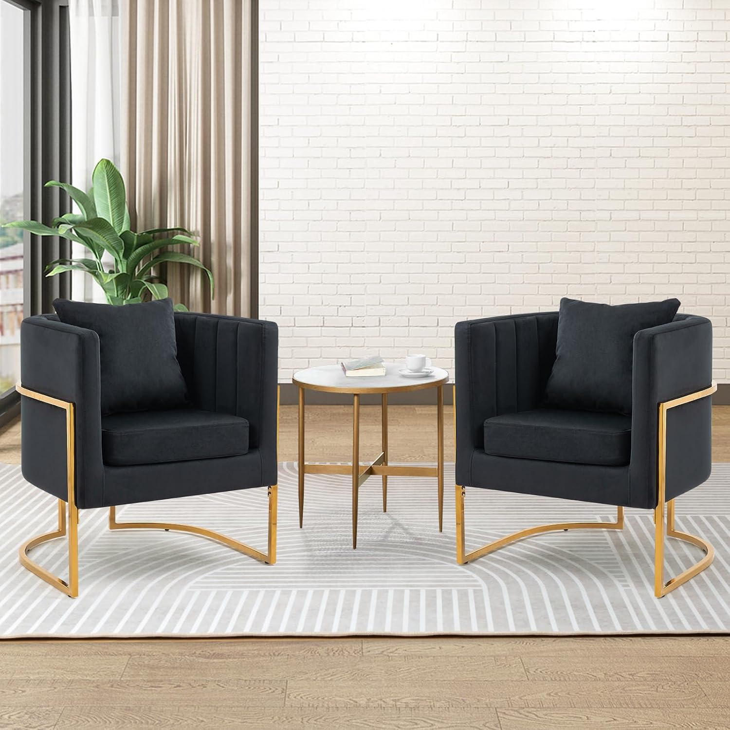 Velvet Modern Accent Chair, Upholstered Barrel Armchair Mid Century with Pillow for Living Room, Comfy Single Vanity Chair with Metal Gold Legs for Bedroom, Black