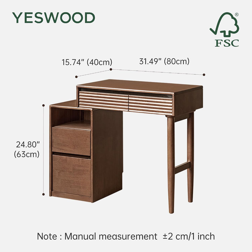 YESWOOD Extendable Vanity Desk with Dresser, Rubber Wood Makeup Table for Girls, Vanity Set for Bedroom, Bathroom, Study Desk for Study Room, 15.7' D x 41' W x 30' H, Walnut