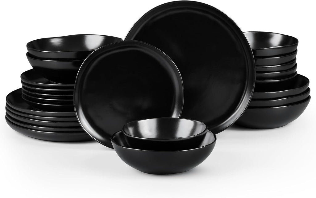 HaWare Plates and Bowls Set, Stoneware Dinnerware Sets, 24-Piece Hand-painted Dishware for 6, Ceramic Dish Set for Home Kitchen, Scratch Resistant, Microwave and Dishwasher Safe, Matte Black