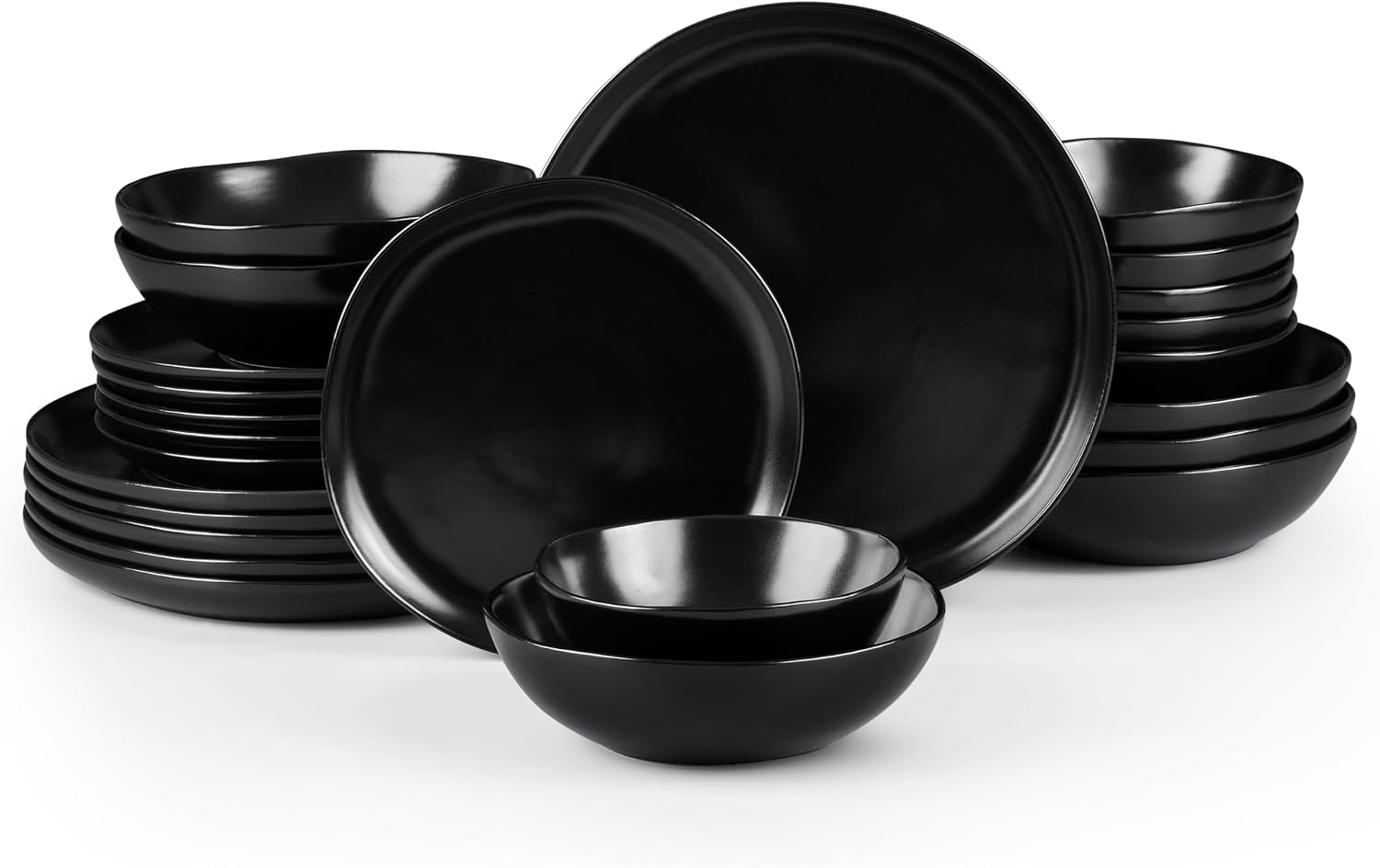 HaWare Plates and Bowls Set, Stoneware Dinnerware Sets, 24-Piece Hand-painted Dishware for 6, Ceramic Dish Set for Home Kitchen, Scratch Resistant, Microwave and Dishwasher Safe, Matte Black