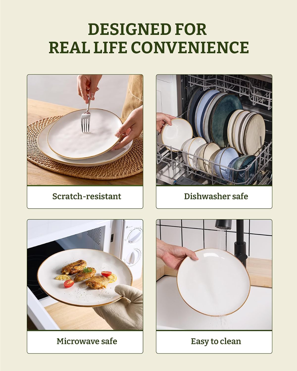 Famiware Ocean Round Plates and Bowls Set, 18 Pieces Dinnerware Sets, Dishes Set for 6, Reactive Glaze, Microwave and Dishwasher Safe, Scratch Resistant, Cappuccino White