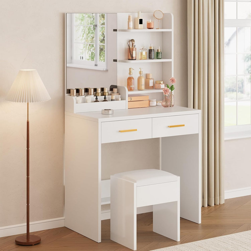 Vanity Desk with Vertical Mirror, White Makeup Table with 2 Drawers Shelves Full-Length Dressing Table Modern Set for Bedroom Dorm Apartment Ideal for Women Girls Teens
