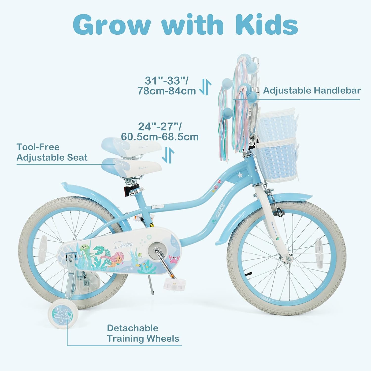 Olakids Kids Bike, 12 14 16 18 20 Inch Mermaid Theme Girls Bicycle with Training Wheels Basket Adjustable Seat and Handlebar Dual Brake