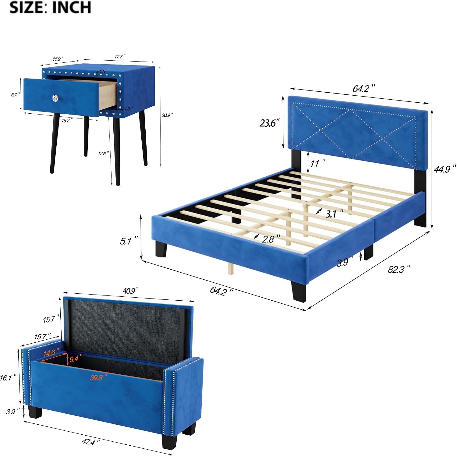 Full of Luxury 4-Pieces Bedroom Sets Queen Size Upholstered Bed Frame with Rivet Design,2 Nightstands and A Tufted Storage Ottoman for Girls,Boys,Kids,Teens, Adults (Blue-@A)