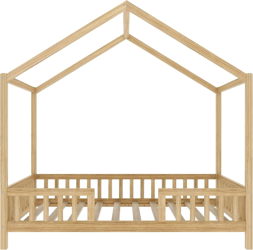 Twin Size House-Shape Bed with Canopy and High Railings, Wood Kids Bed Frame with Roof (Natural, Twin)