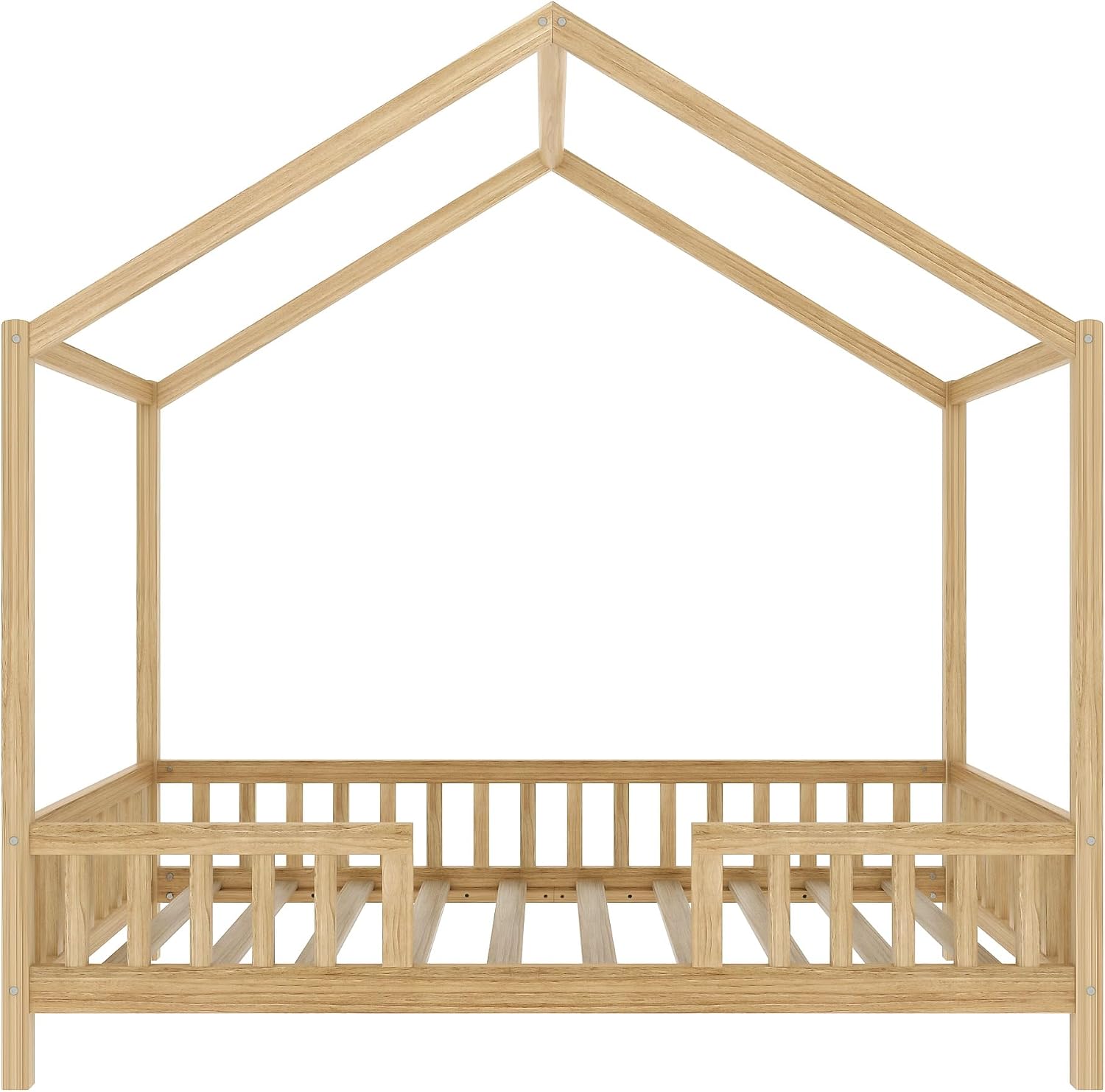 Twin Size House-Shape Bed with Canopy and High Railings, Wood Kids Bed Frame with Roof (Natural, Twin)