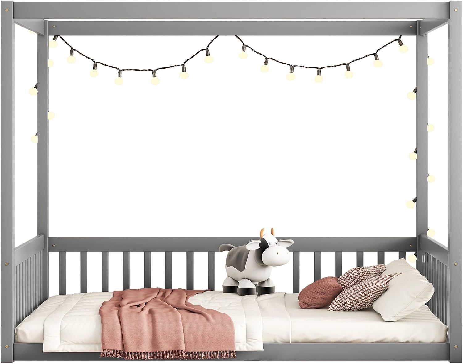 Full Size Canopy Bed Frame with 4 Posters and Guardrails for Kids, Wood Montessori Floor Bed Full Size with High Fence for Girls & Boys, Easy Assemble, Montessori Beds,Gray