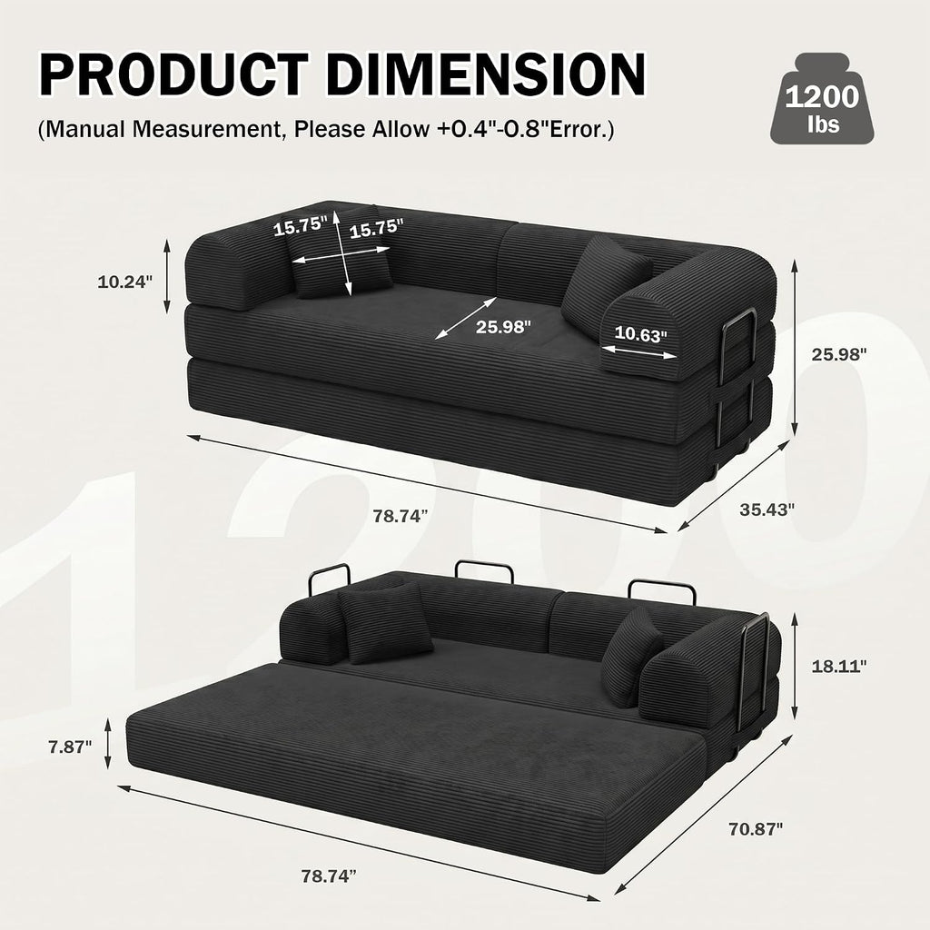 79'' Convertible Sofa Bed, 5-in-1 Folding Sleeper Couch with Pull Out Bed, Corduroy Modular Floor Sofa for Living Room Apartment Dorm, No Assembly Space Saver (Black)