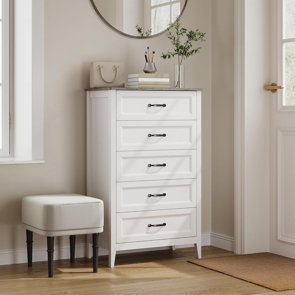 Gizoon 5 Drawer Dresser, 44.8' H Wood Chest of Drawers, White Dresser for Bedroom, with Smooth Rail, Metal Handles, Anti-tip Device, Modern Chest, for Living Room, Hallway, Black
