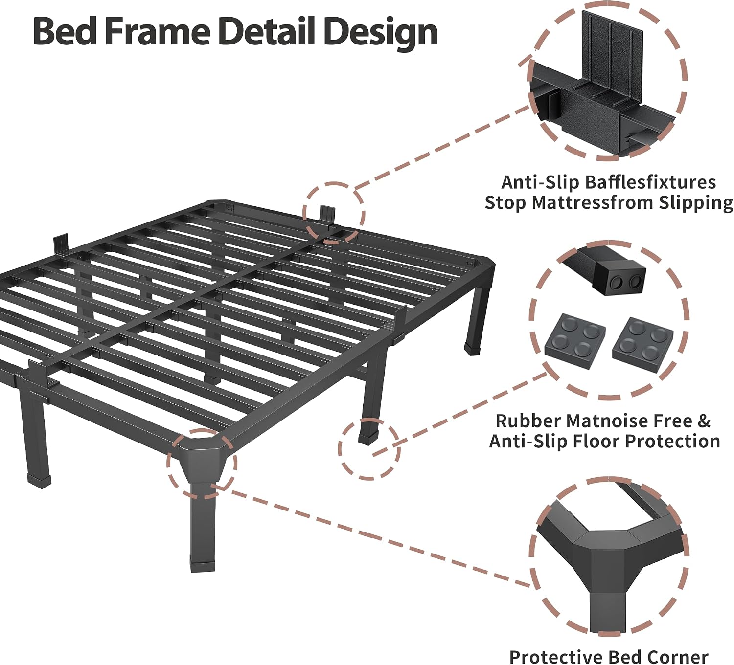 ROIL 18 Inch Queen Size Bed Frame with Mattress Slide Stopper - Double Black Basic Anti Squeak Steel Slats Metal Platform, Heavy Duty Noise Free Easy Assembly Bedframes, No Box Spring Needed
