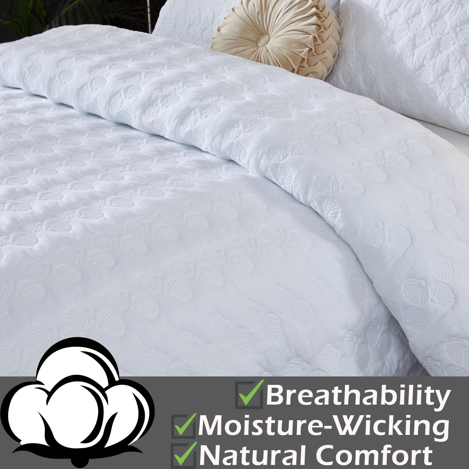 Brandream White Quilt Set Queen Size Cotton Quilted Comforter Set Coastal Seashell Matelasse Coverlet Set 3-Piece