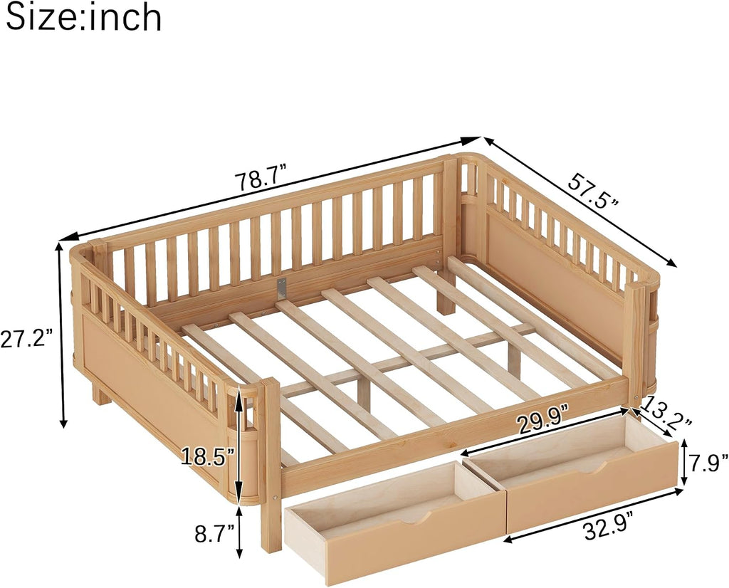 Harper & Bright Designs Full Size Low Platform Bed Frame, Daybed with Fence and Drawers, Low Profile Bed for Kids Bed Room, Natural