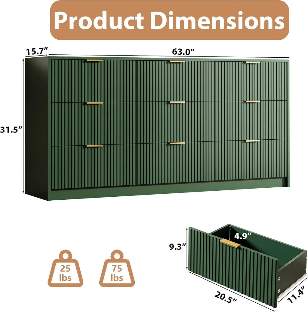 MAISONARIA Green 9 Drawer Dresser for Bedroom, 63' Wide Modern Fluted Dresser with Gold Metal Handles, Chest of Drawers for Bedroom, Living Room, Entryway, Hallway