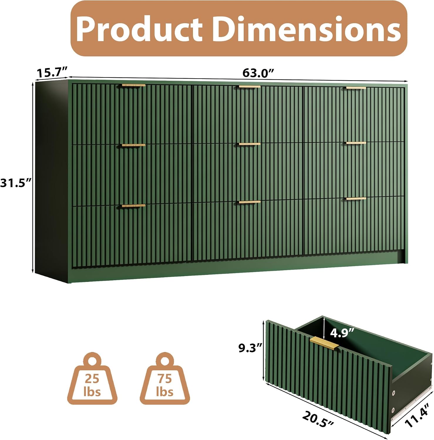MAISONARIA Green 9 Drawer Dresser for Bedroom, 63' Wide Modern Fluted Dresser with Gold Metal Handles, Chest of Drawers for Bedroom, Living Room, Entryway, Hallway