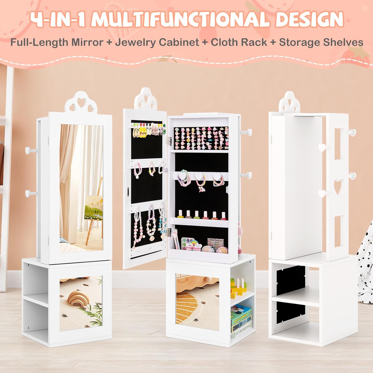 HONEY JOY 4 Piece Kids Vanity Set & Jewelry Armoire Cabinet, Snowflake Wooden Makeup Table & Chair Set, Dress Up Jewelry Organizer w/Full-Length Mirror, Kids Bedroom Furniture for Playroom (Pink)