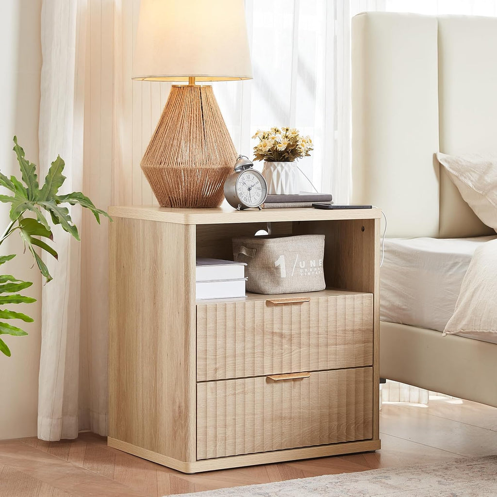 LEYAOYAO Fluted Nightstand with Charging Station, 23' Wide 2 Drawers End Table, Natural Night Stand with Open Storage Cabinet, Farmhouse Bed Side Tables, Wood Dresser for Bedroom, Living Room, Closet