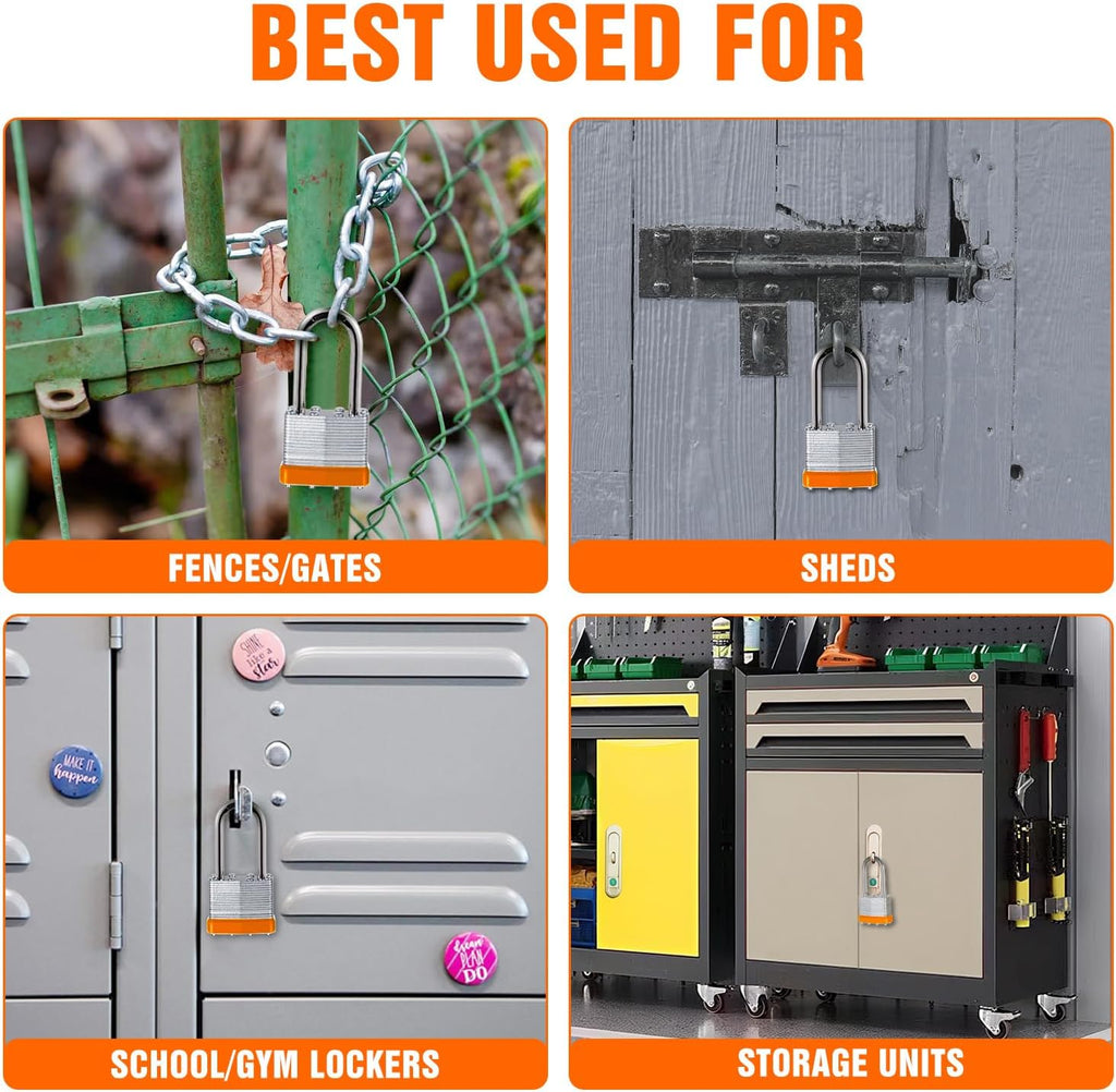 48Pcs Padlocks with Same Keys,Laminated Steel Orange Silver(1-9/16',40mm),Long Shackle for Sheds,Gates,Fences,Toolbox,Outdoor and Indoor Use