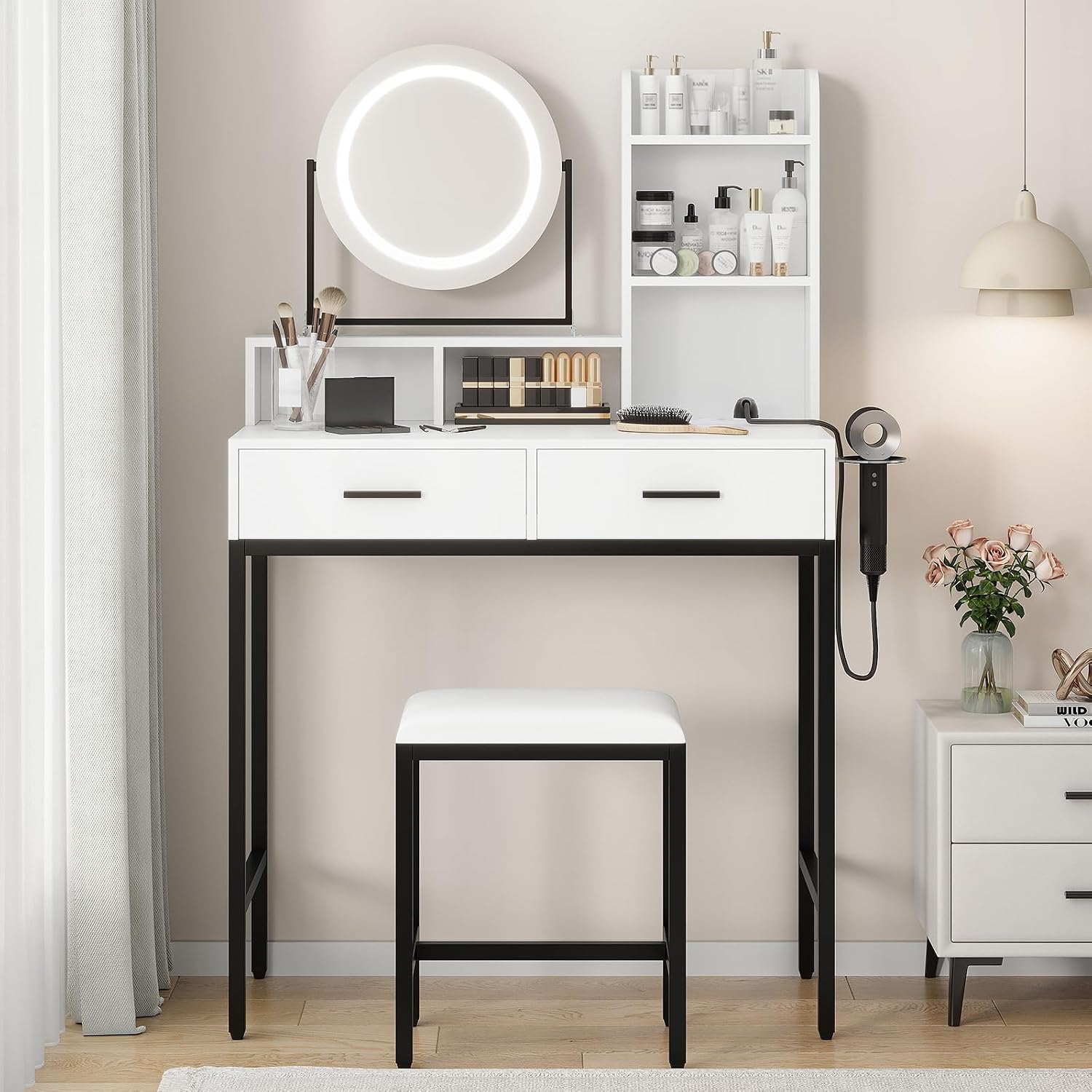 Vanity Desk with Mirror and Light, Makeup Vanity Desk with Rotating Mirror, 3 Colors Adjustable Light, Wood Vanity with 2 Drawers, Stool, Power Outlet, Vanity Set for Bedroom/Dressing Room, Black