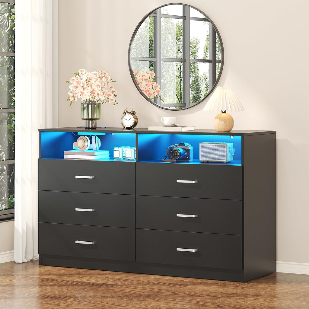 Bigbiglife Dresser for Bedroom, 6 Drawer Dresser with Charging Station and Led Light, Modern Chest of Drawers for Bedroom, Living Room,Black