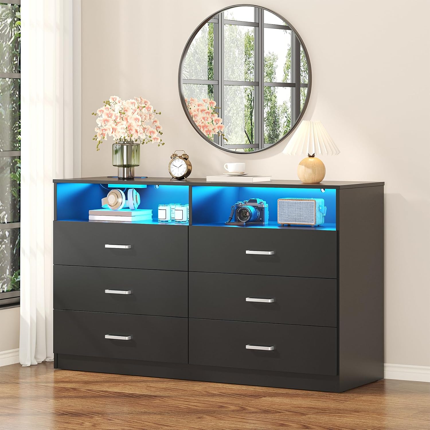 Bigbiglife Dresser for Bedroom, 6 Drawer Dresser with Charging Station and Led Light, Modern Chest of Drawers for Bedroom, Living Room,Black
