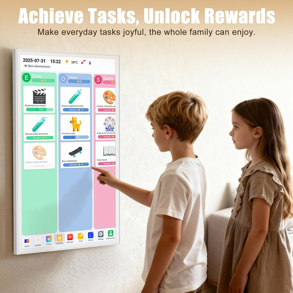 Digital Calendar 32' Smart Touchscreen Electronic Calendar with Family Chore To-do Organizer & Reward System, Dual Mode Smart Calendars & Photo Frame, Wall Mount, 1080P HD Display (White, 32-inch)