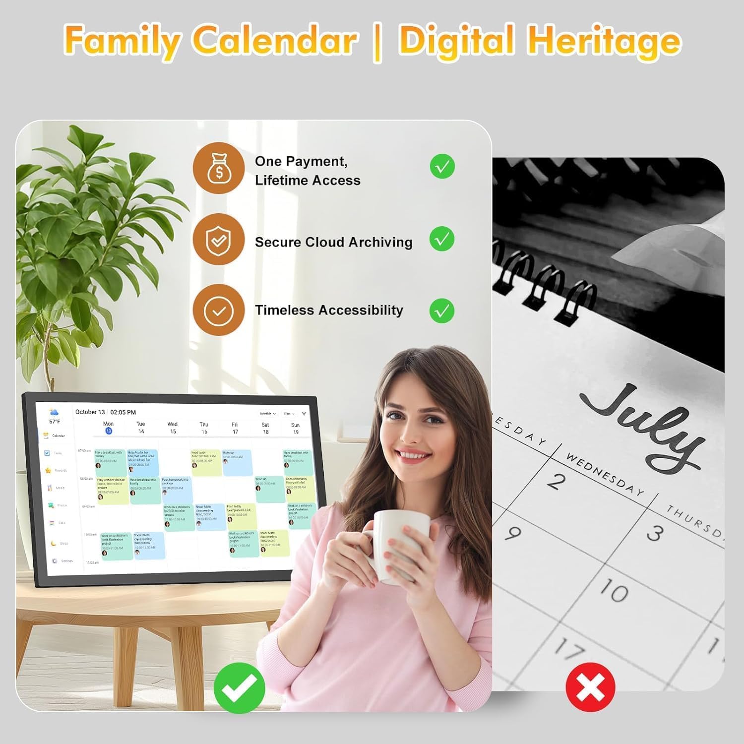 24' Digital Calendar Chore-Chart for-Family-Schedule - Interactive Touchscreen Display Electronic Calendar, Star Reward, Sync Online iCloud Outlook Calendar Via App, Wall Mount, Gift for Mother Father