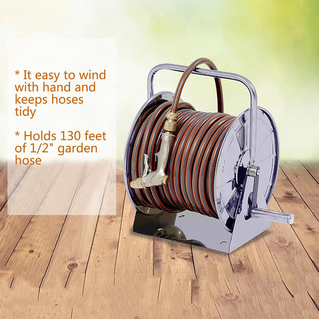 Stainless Steel Garden Hose Reel Cart for Watering Plants and Lawns, Portable Watering Car Wash Water Pipe Storage Rack, 131Ft of 1/2 Capacity
