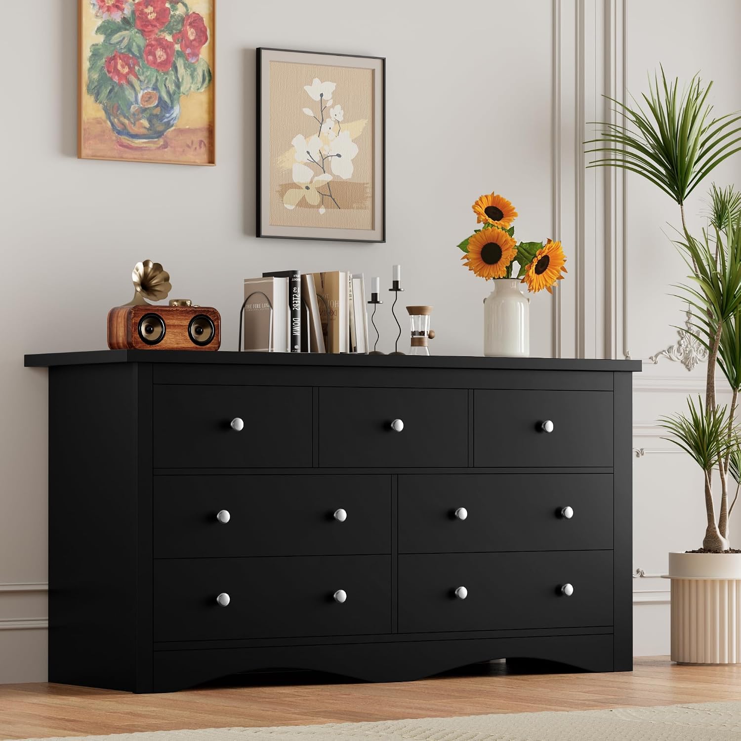 Furmax Dresser for Bedroom, 7 Wood Dresser, Chest of Drawers, for TV up to 65 inch, TV Stand Storage Chest of Drawers for Hallway Entryway (Black)