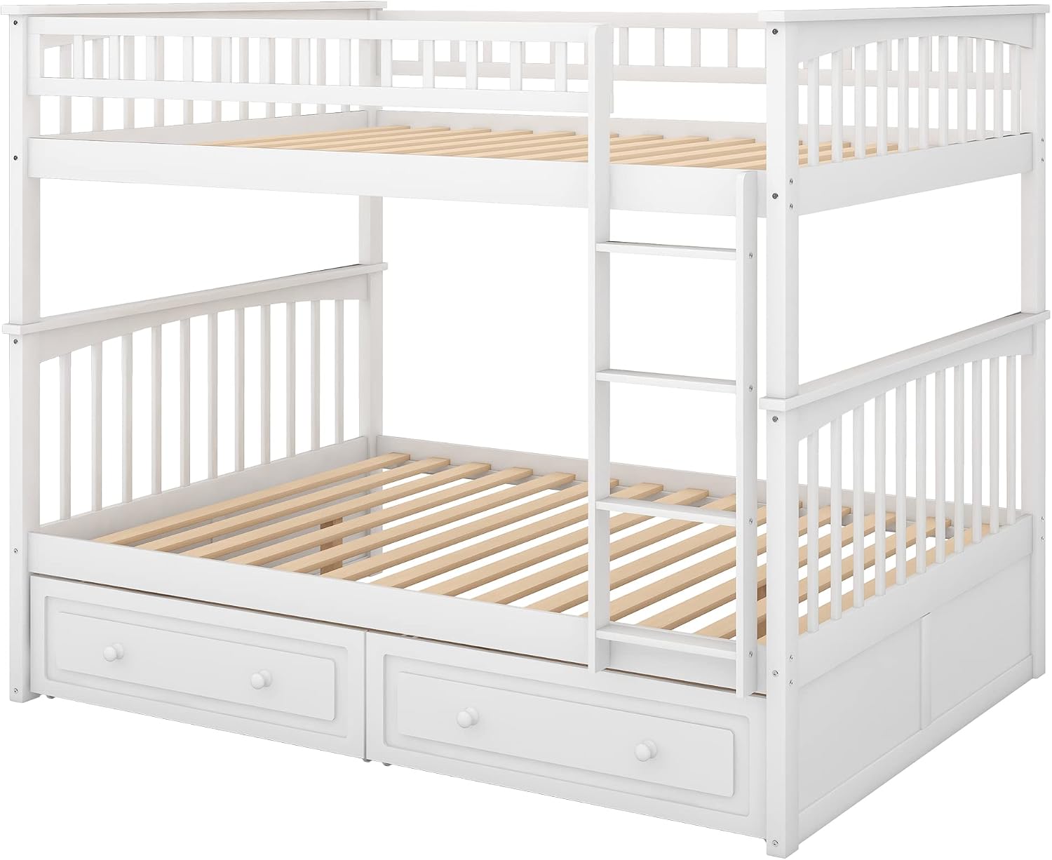 Full Over Full Wood Bunk Bed with Two Storage Drawers, Solid Wood Convertible Storage Bunk Bed Can Be Convertible to 2 Beds, Frame with Ladder, Safety Rail for Teens Adults (Gray)