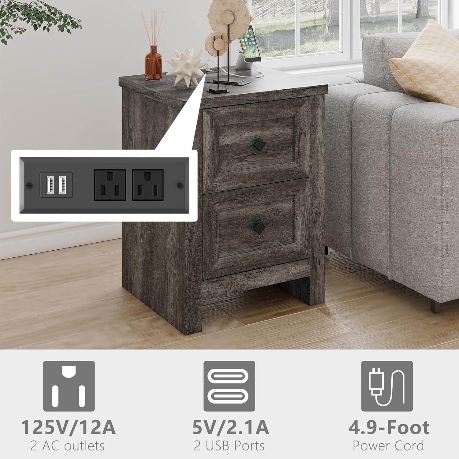 LUXOAK 3 Pieces Farmhouse Bedroom Set, Includes Full Size Lift Up Storage Bed Frame with LED Lights and Linen Upholstered Headboard, Nightstand Set of 2 with Charging Station, Grey