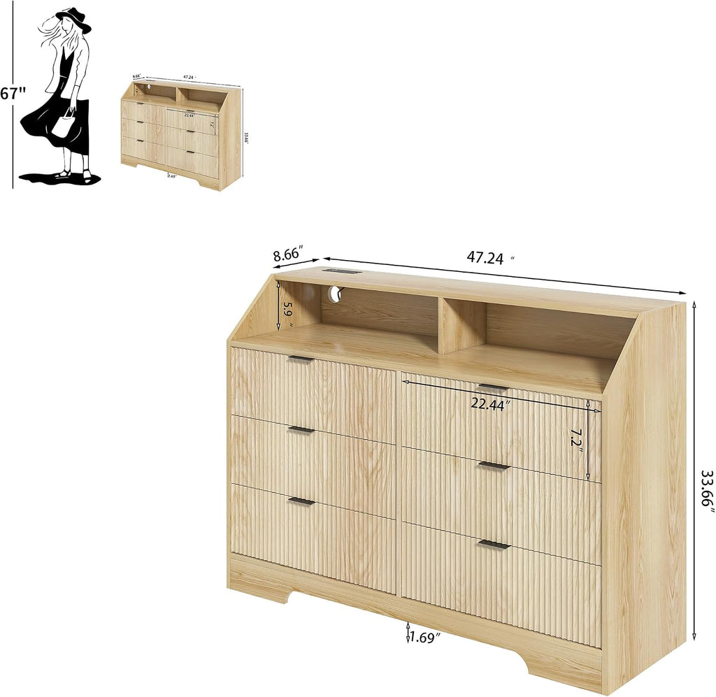 Fluted Dresser for Closet, Boho Bedroom 6 Drawer Dresser TV Stand with Charging Station, Oak Wide Chest of Drawers, Farmhouse Wood Closet Clothes Storage for Living Room, Metal Handle, 47'