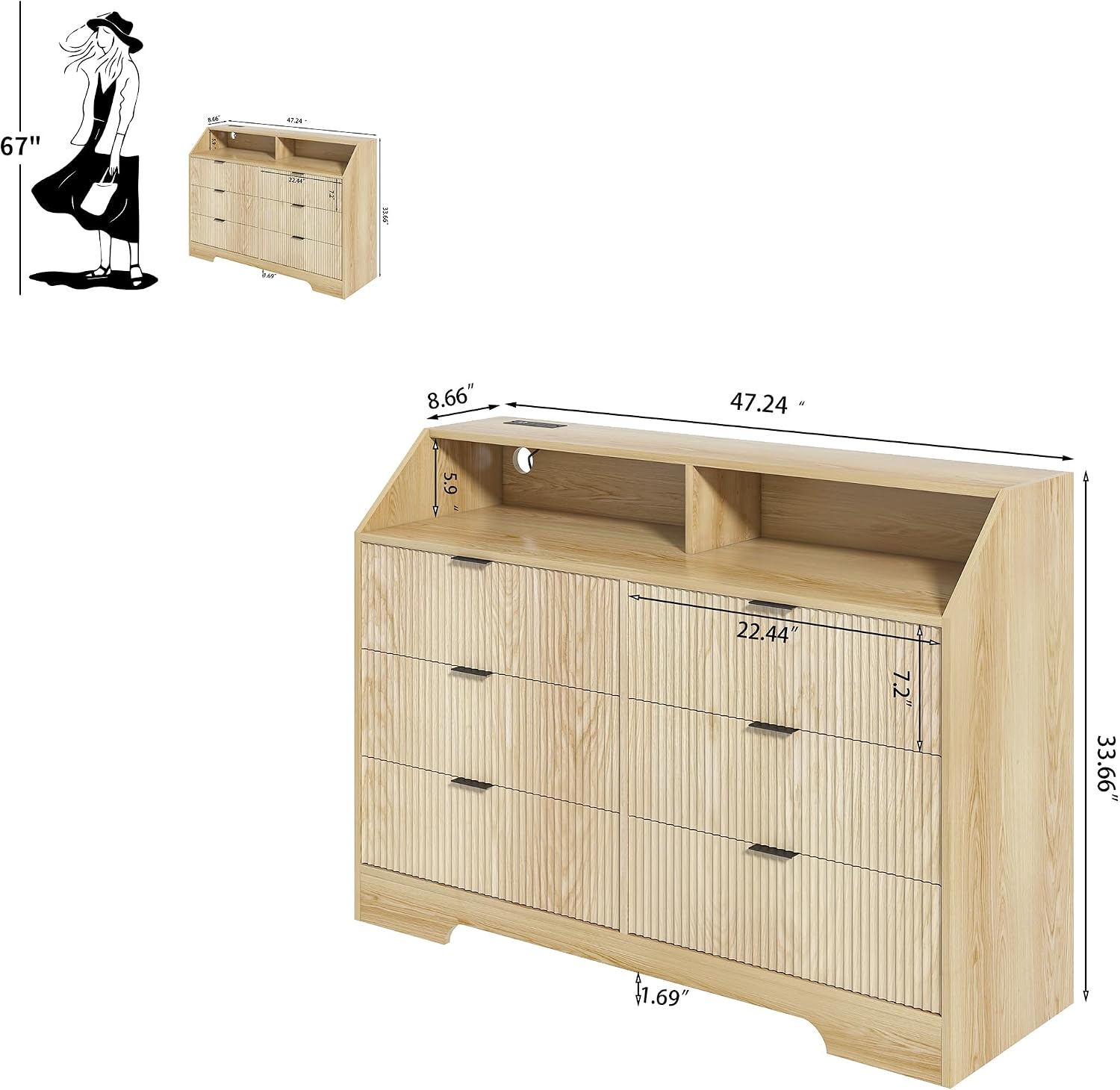 Fluted Dresser for Closet, Boho Bedroom 6 Drawer Dresser TV Stand with Charging Station, Oak Wide Chest of Drawers, Farmhouse Wood Closet Clothes Storage for Living Room, Metal Handle, 47'