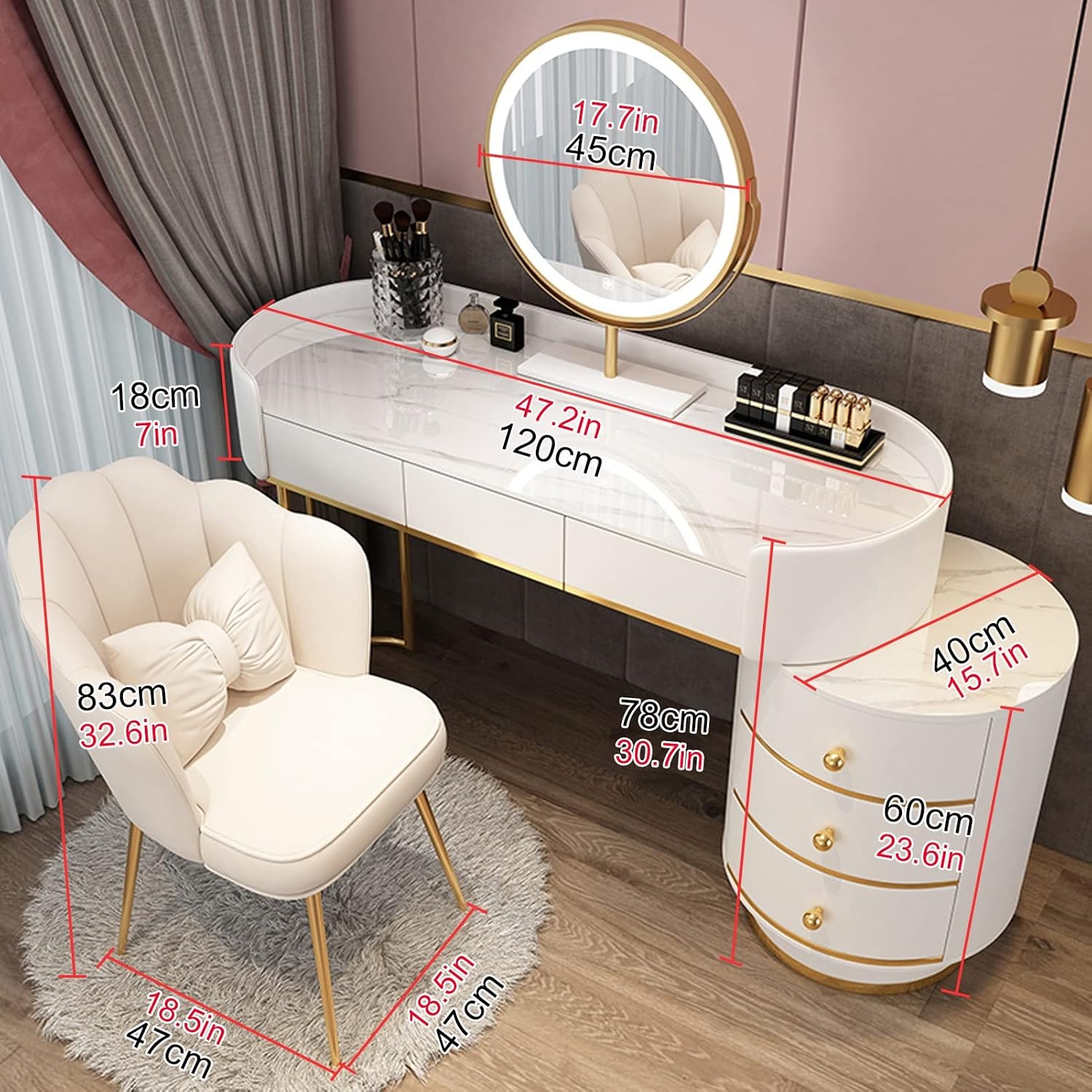 Dressing Table Makeup Vanity Table, with Adjustable LED Mirror 3 Color Lighting, Round Vanity Desk Bedside Table and Cushioned Stool Set, Bedroom Furniture Decor(Gray+White B-120cm/47.2in)