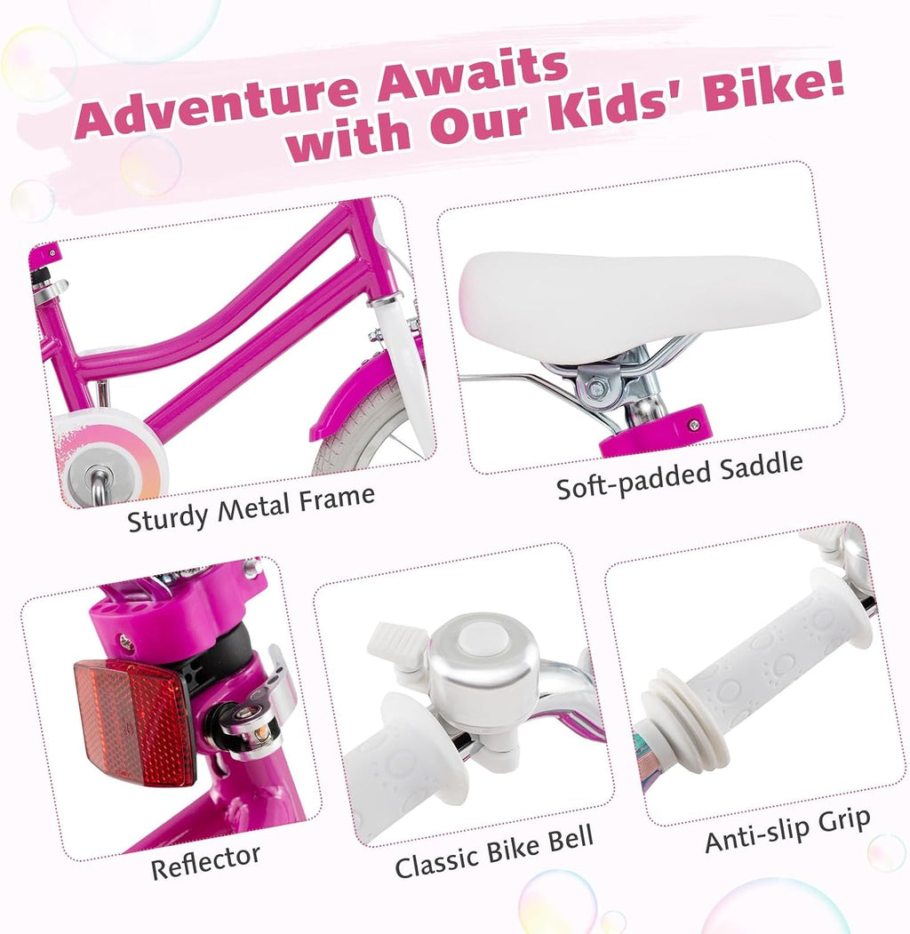 HONEY JOY Kids Bike, 12 14 16 18 Inch Girls Bike w/Training Wheels, Doll Seat, Streamers, Handbrake & Coaster Brake, Fully Enclosed Chain, Princess Style Children Bicycle, Gift for Girls 3-8
