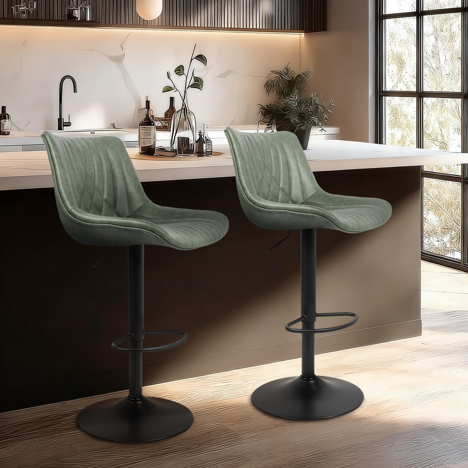 Swivel Bar Stools Set of 4, Height Adjustable Counter Height Bar Stools with Open Back and Footrest, Premium Faux PU Leather, Modern Upholstered Bar Chairs for Kitchen Island/Bar/Counter, Green