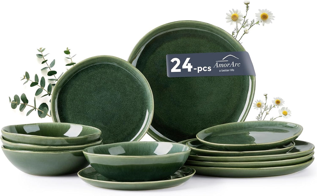 AmorArc Ceramic Dinnerware Sets,Handmade Reactive Glaze Stoneware Plates and Bowls Sets,Highly Scratch Resistant | Dishwasher & Microwave Safe Dishes Set,Service for 8 (24pc)