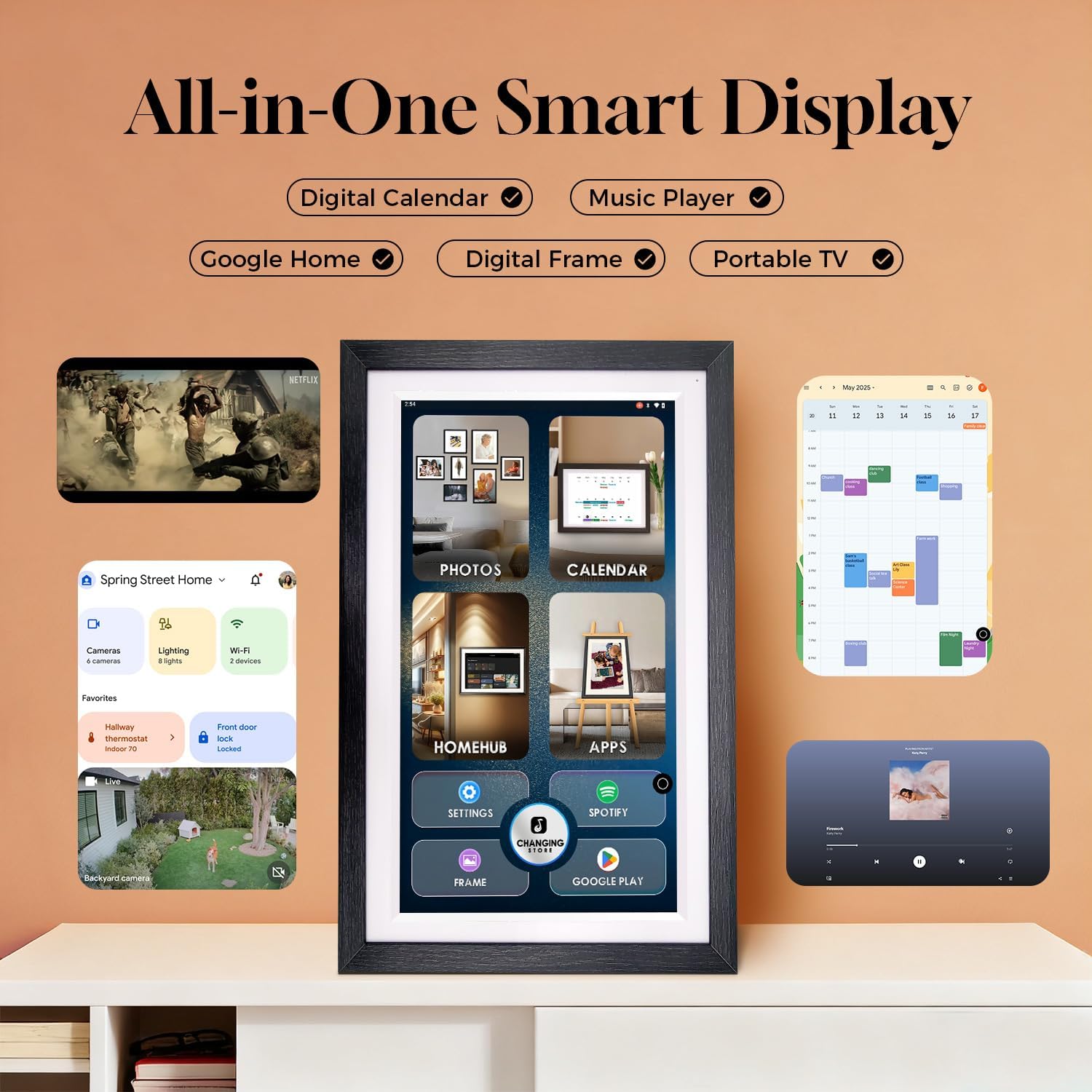 15.6' Smart Display with Google Calendar, Android Apps&Photo Frame, Walnut | No subscription+pen,Built-in battery,anti-glare FHD touchscreen,voice control,family schedules and chore management,Streaming