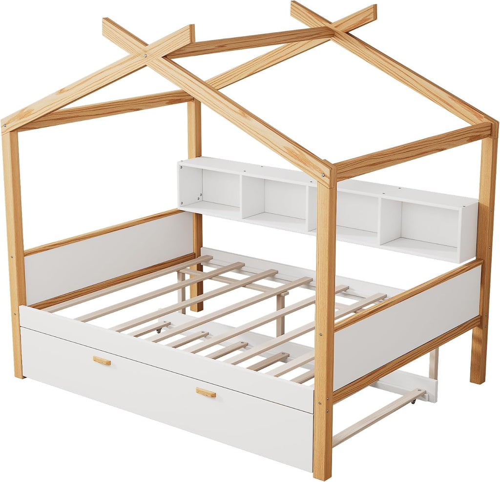 Virubi Full Size Wood House Bed for Kids, Wood Frame Daybed with Twin Size Trundle and Open Bookshelf for Boys Girls Teens Children Bedroom Guest Room (White+Trundle, Full)