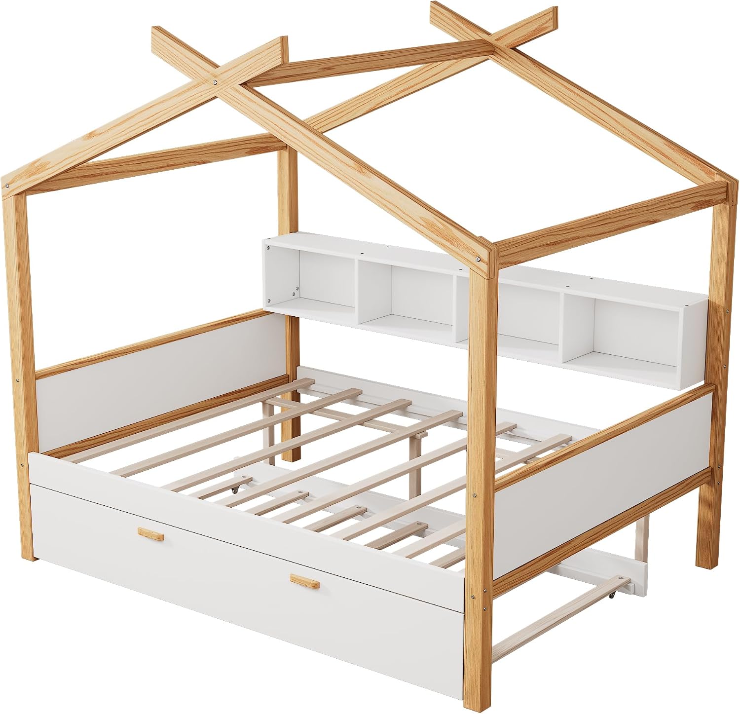 Virubi Full Size Wood House Bed for Kids, Wood Frame Daybed with Twin Size Trundle and Open Bookshelf for Boys Girls Teens Children Bedroom Guest Room (White+Trundle, Full)