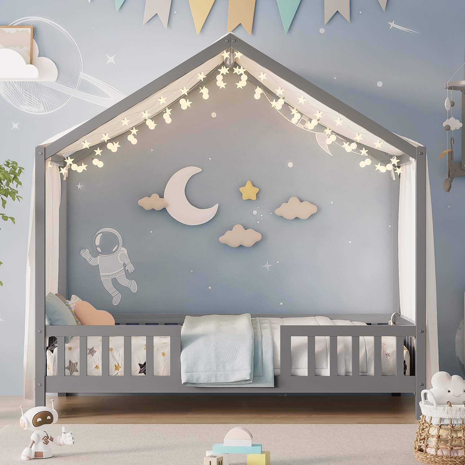 Cute Montessori Bed Frame Twin Size with Canopy, Low Profile House Shape Bed with Safety Railing & Wood Slat Support, Kids Playhouse Bedframes for Boys Girls (Grey, Twin)