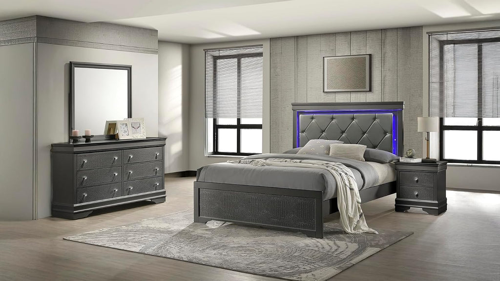 Upholstered 4 Pc Full Bedroom Set with LED Headboard Made with Wood in Metallic Gray