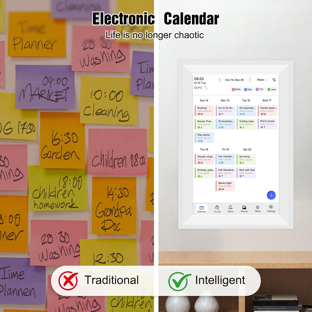 15.6' Smart Digital Wall Calendar Interactive Display for Family Schedules Wall Planner with Chore Charts Meal Planning Task Rewards 64GB Storage 1920x1080P IPS Touchscreen Digital Picture Frame White