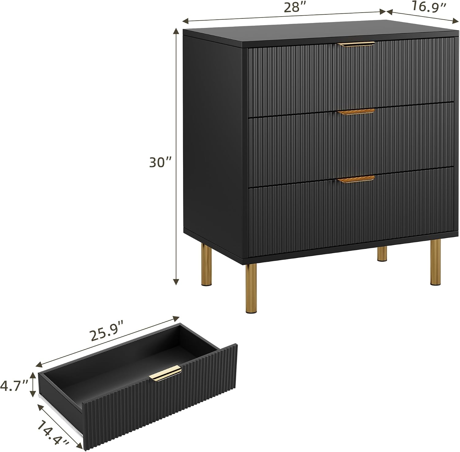 GarveeHome Black Dresser, Modern 3 Drawer Dresser for Bedroom with Gold Handle and Large Drawer, Wood Double Chest of Drawers and Storage Organizer for Living Room, Hallway, Entryway